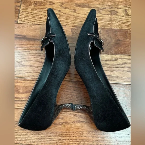 PRADA - Glossy Black Buckle Pointed Toe Pony Hair Low Heel Pumps Sz 41 US 11 - Picture 3 of 12